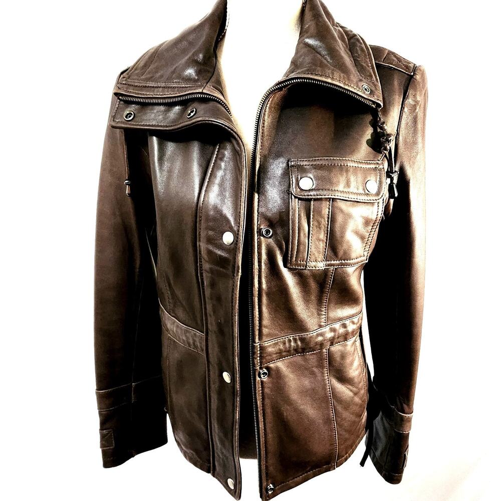 Tibor Lined Jacket Brown Size S Soft Leather Zip & Snap High Collar Classic Look - Picture 3 of 13